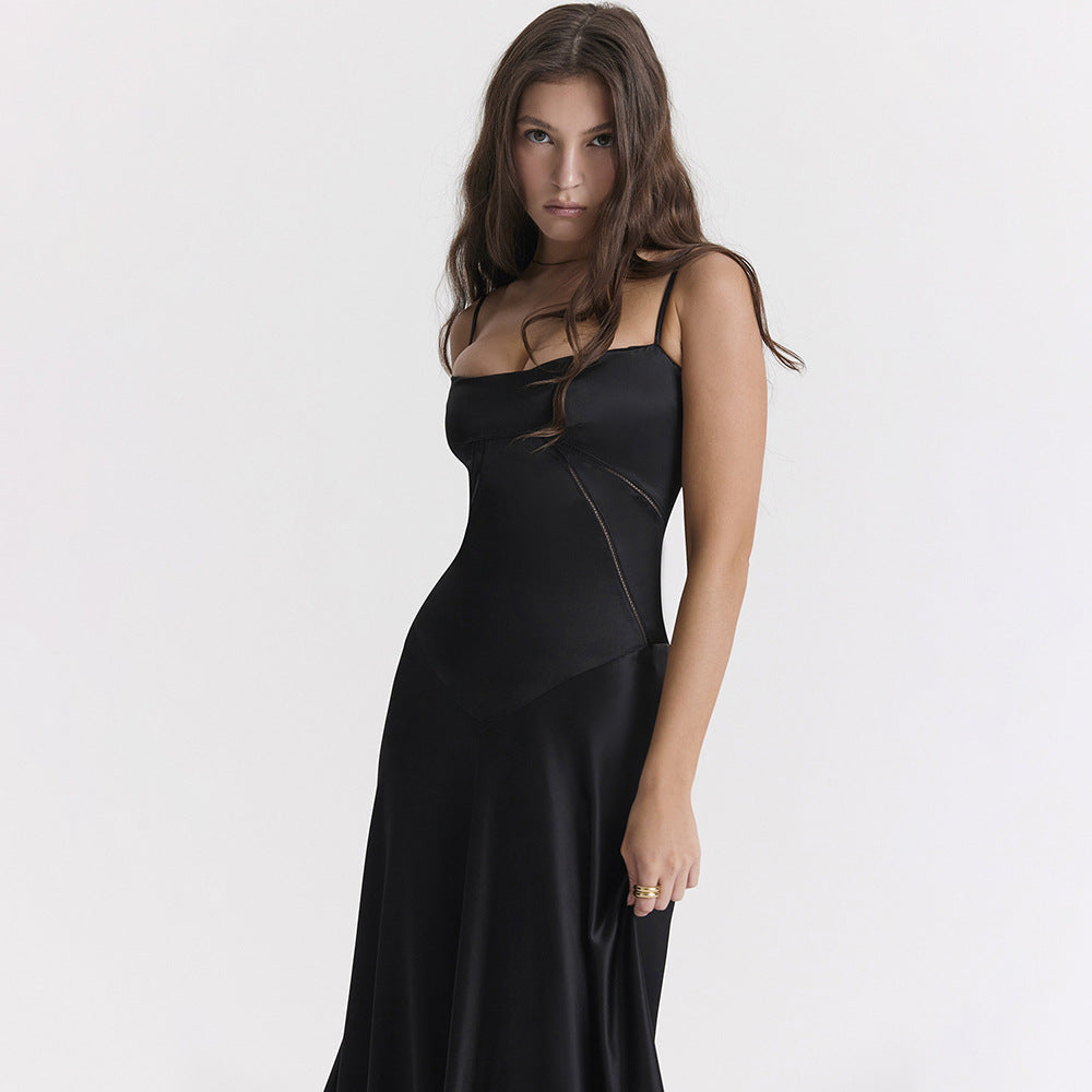 Square Neck Pintuck Trim Lace Up Back Satin Slip Maxi Dress - Black