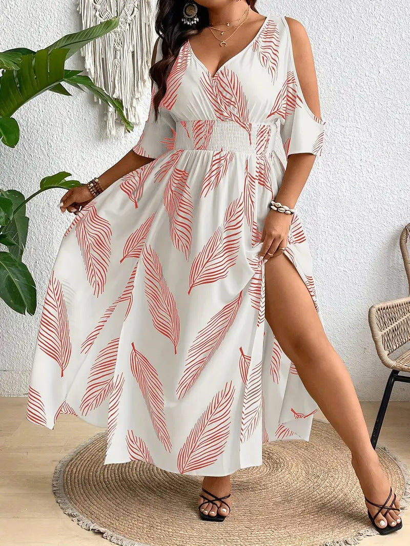 V-Neck Leaf Print Cold Shoulder Smocked Waist High Slit Maxi Dress