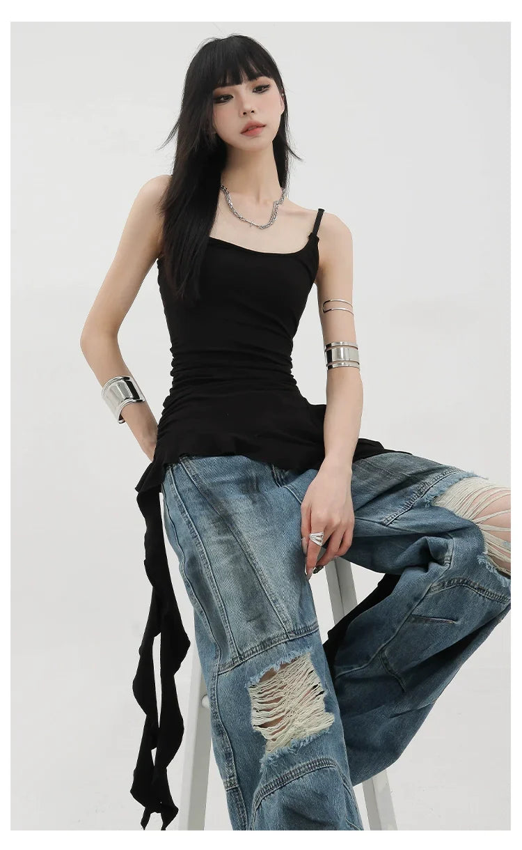 Black Asymmetric Ribbon Strap Tank Top With Ruffle Edge Design