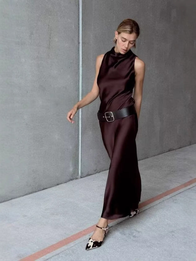Night Deep Brown Silk Maxi Dress