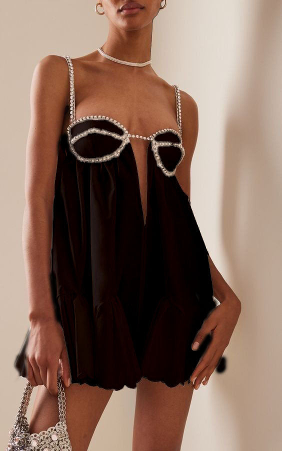 Pleated Rhinestone Cami Mini Dress