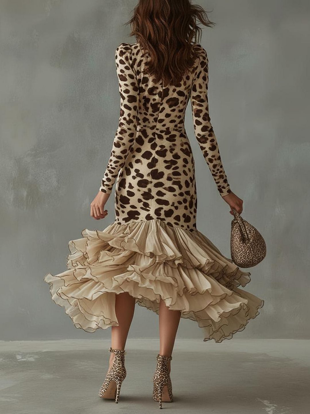 Animal Print Plunge V-Neck Leopard Print Long Sleeve Ruffle High-Low Mermaid Midi Dress 2
