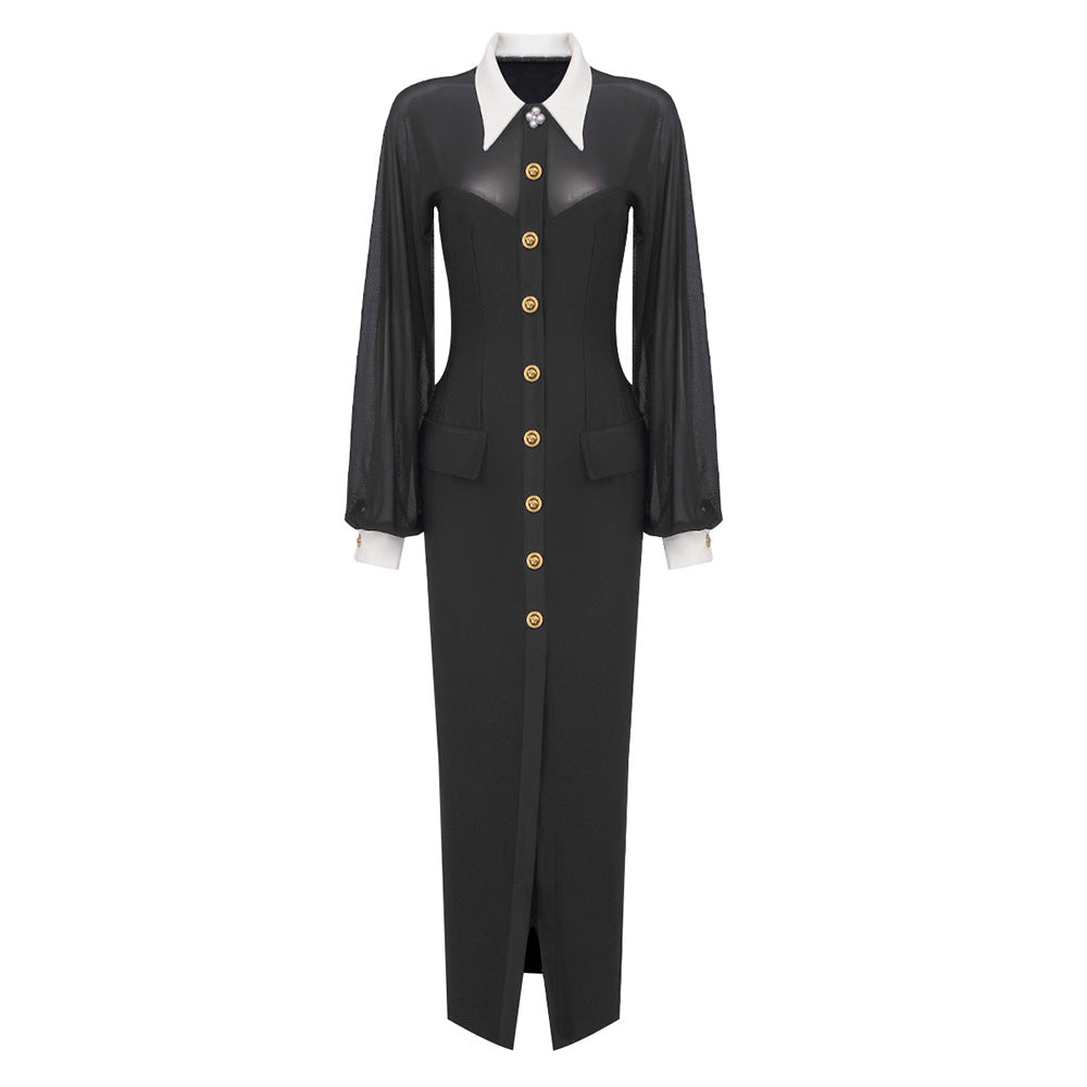 White Collar Black Long Sleeve Mesh Maxi Dress Open Button Cardigan Dress Catwalk