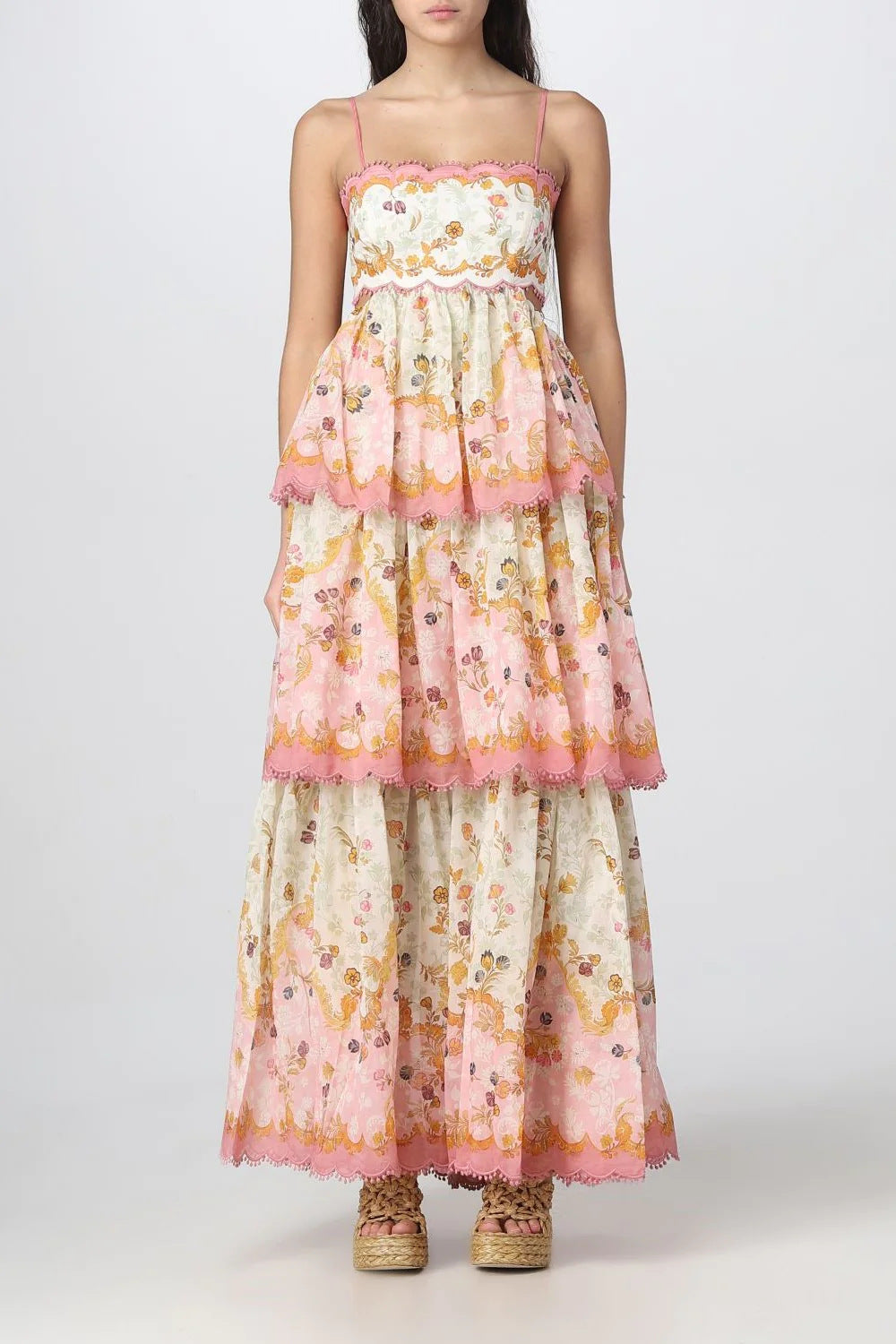 Spaghetti Strap Floral Scalloped Cutout Tiered Midi Dress 2