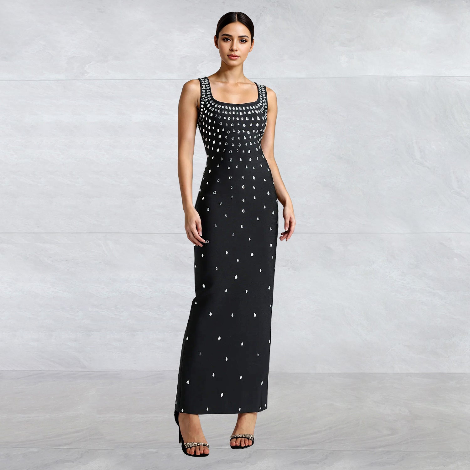 Rhinestone U-Neck Sleeveless Hip Dress