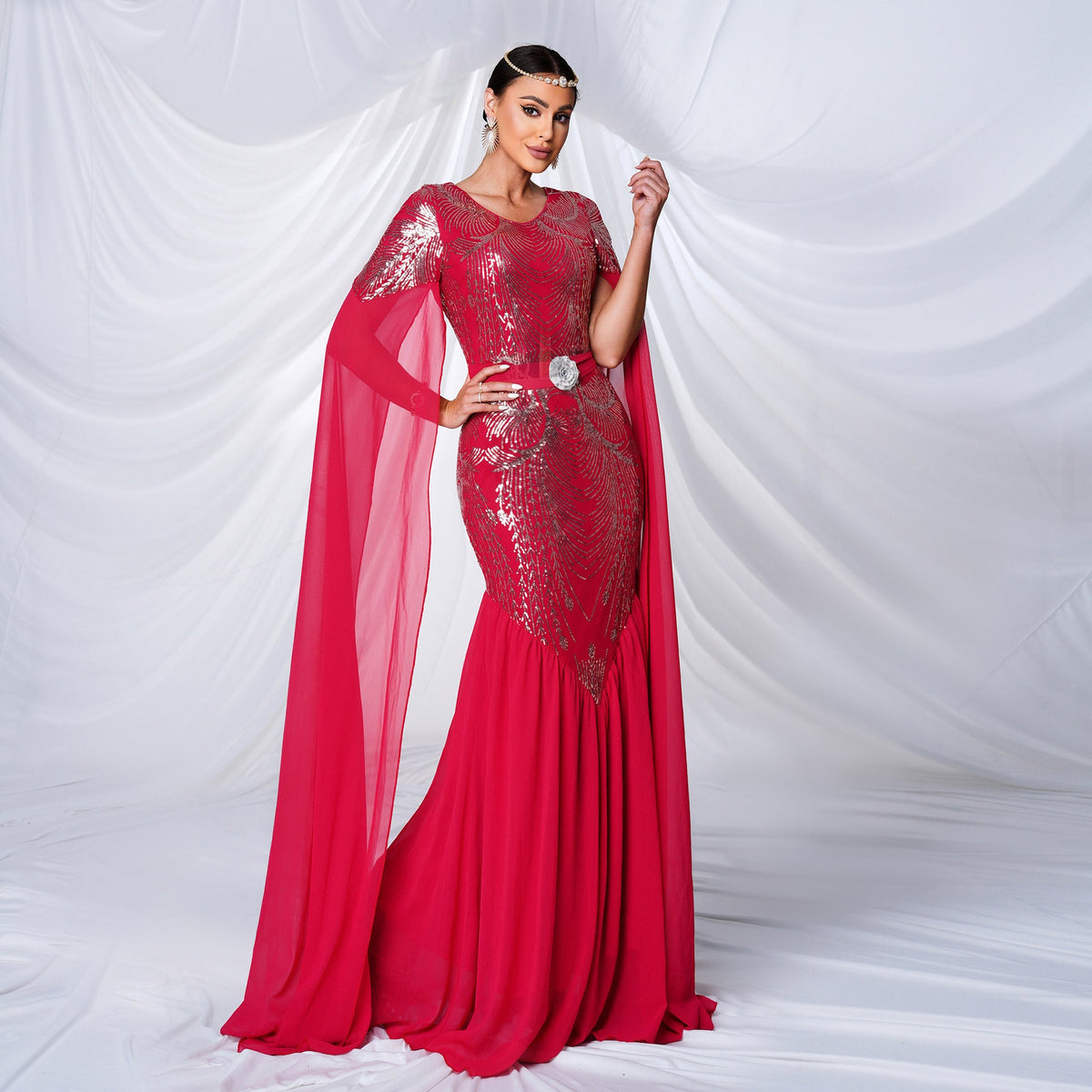 Red Round Neck Sequin Chiffon Cape Sleeve Mermaid Maxi Gown