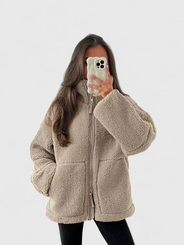 Stand Collar Zip-Front Patch Pocket Sherpa Teddy Jacket