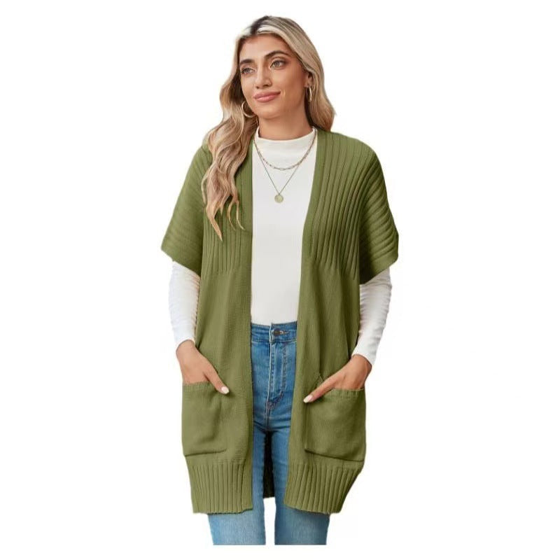 Open Front Ribbed Knit Short Sleeve Patch Pocket Cardigan