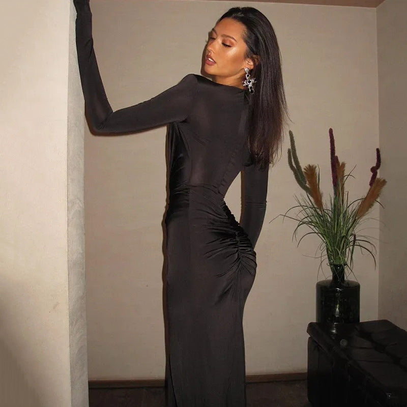 Party Alluring Deep - V Slit Black Maxi Dress