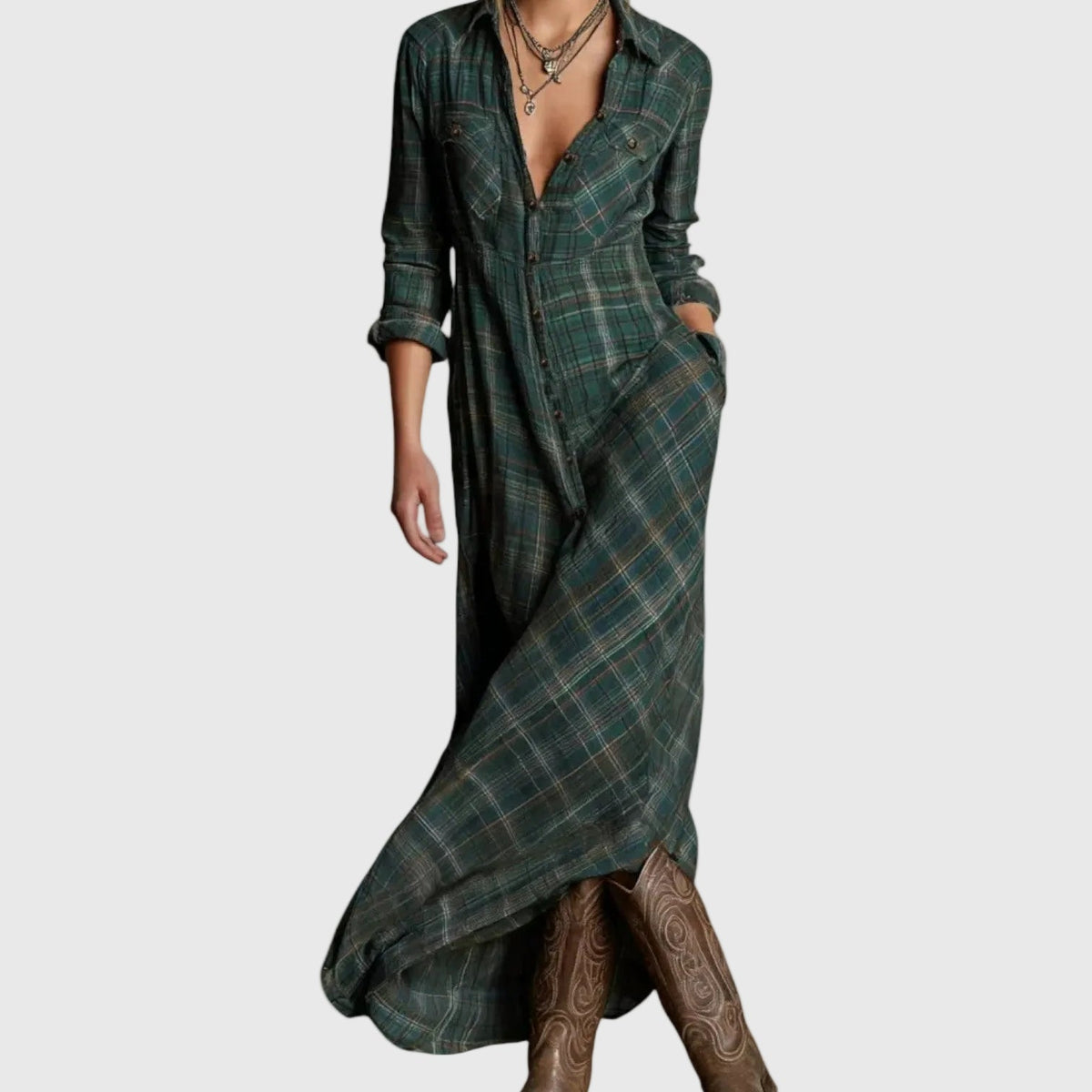 Collared Button Front Long Sleeve Plaid Flannel Maxi Shirt Dress