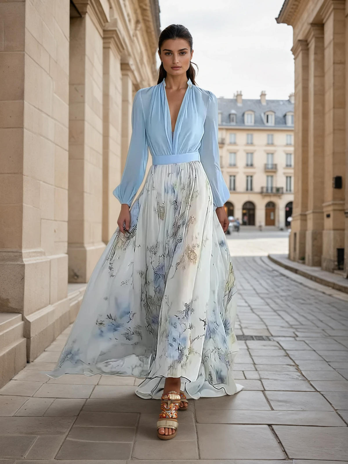 Deep V-Neck Long Sleeve Floral Skirt Chiffon A-Line Maxi Dress 3