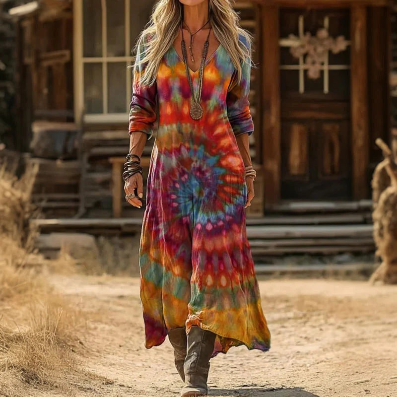 V-Neck Long Sleeve Embroidered Motif Linen Boho Maxi Dress