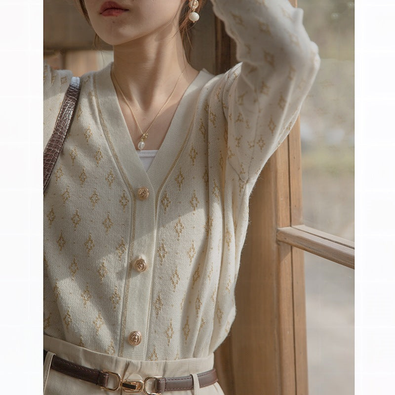 Black Jacquard-Knit V-Neck Button-Up Cardigan