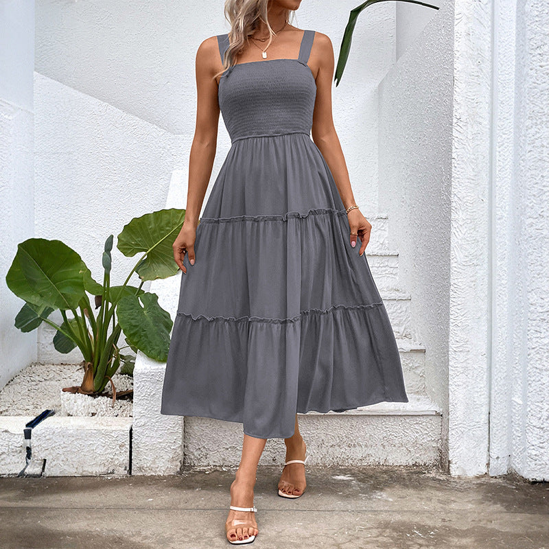 Square Neck Strap Smocked Shirred Tiered A-Line Midi Dress