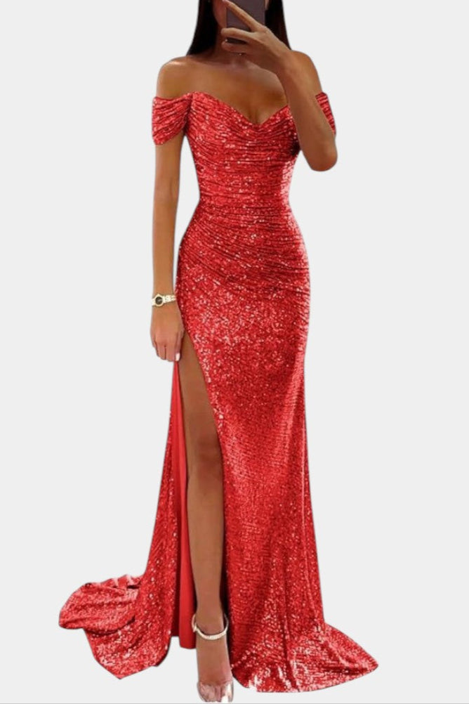 Off-Shoulder Sweetheart Sequin Ruched High Slit Mermaid Gown 11