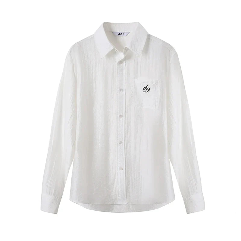 Classic White Long Sleeve Button-Down Shirt: Crisp Cotton Collared Blouse with Embroidered Logo