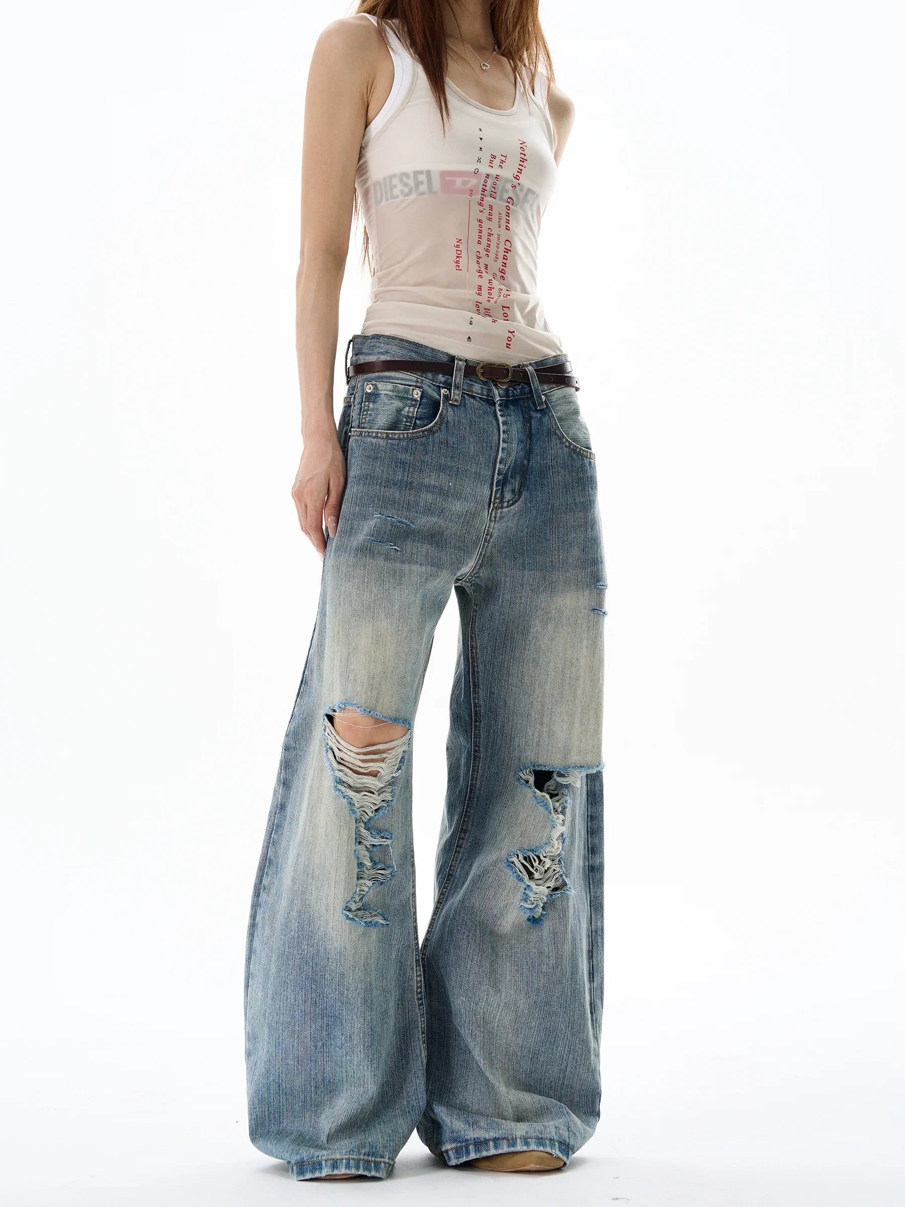 Heavy Knee Distressed Wide Leg Blue Jeans