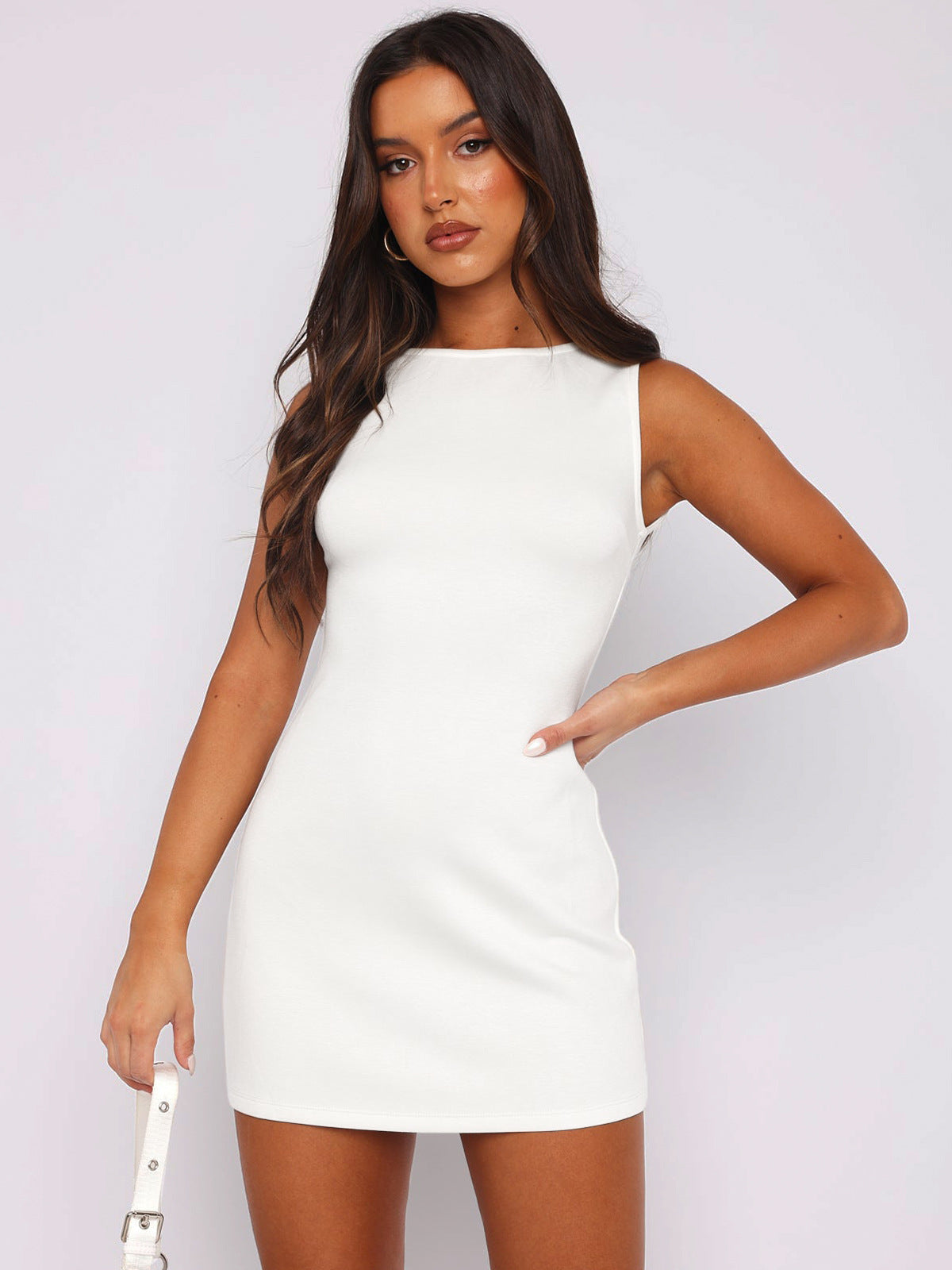 White High Boat Neck Sleeveless Bodycon Mini Dress