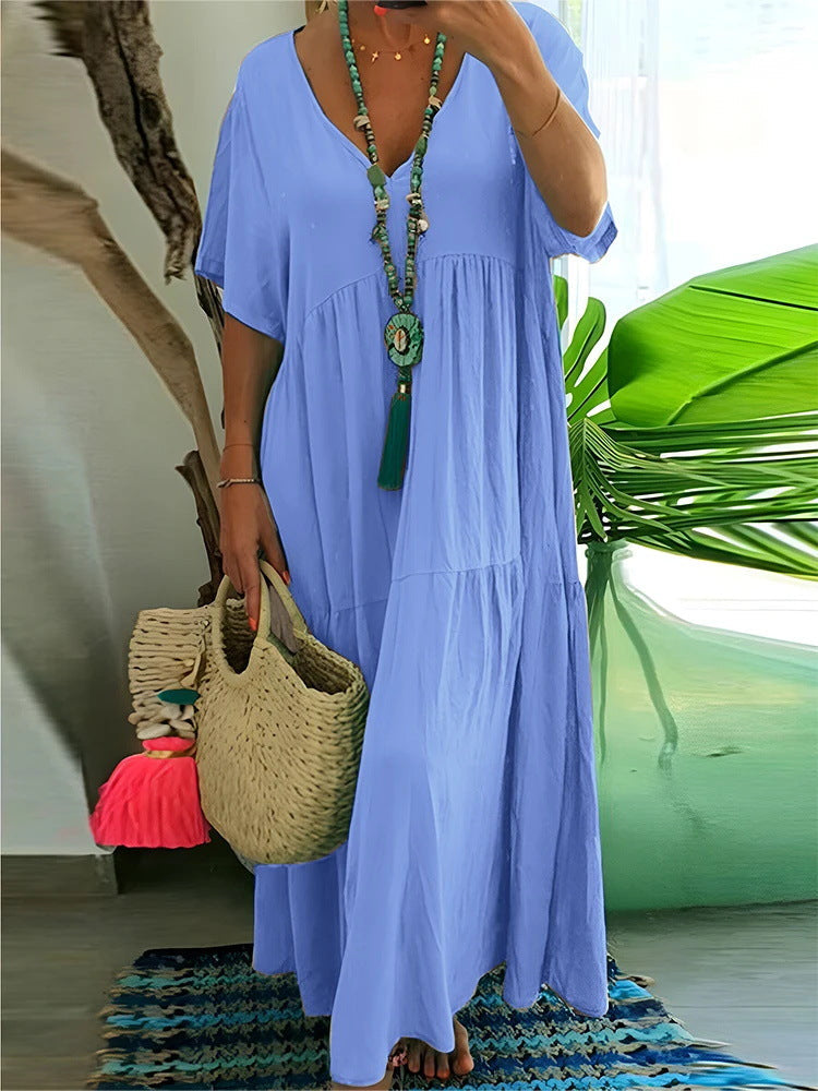 V-Neck Short Sleeve Tiered A-Line Flowy Maxi Dress