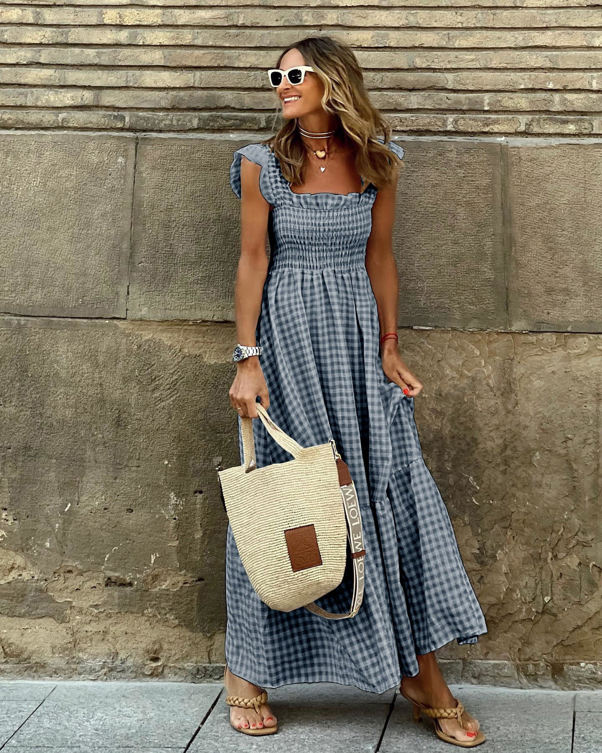 Square Neck Ruffle Strap Smocked Gingham Tiered Maxi Dress