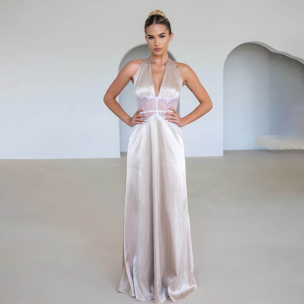 Dinner Elegant Lace - Paneled Halter Maxi Dress