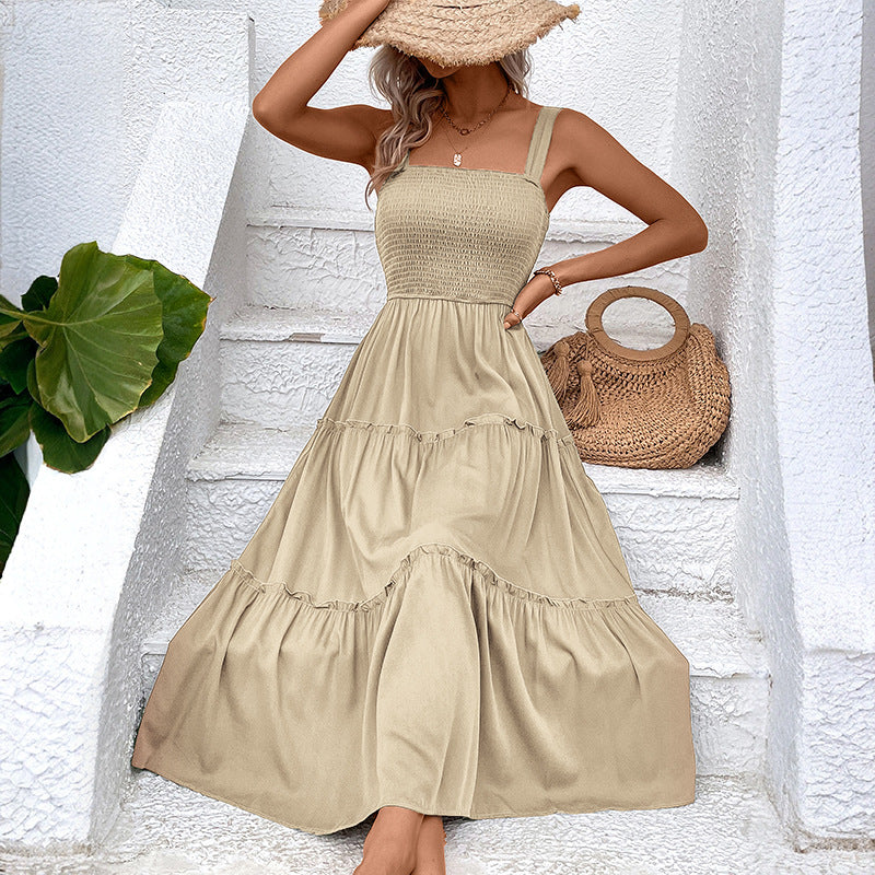 Square Neck Strap Smocked Shirred Tiered A-Line Midi Dress