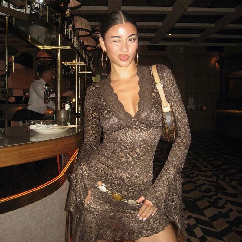 Plunge V-Neck Floral Lace Flare Sleeve Ruched Bodycon Mini Dress 6