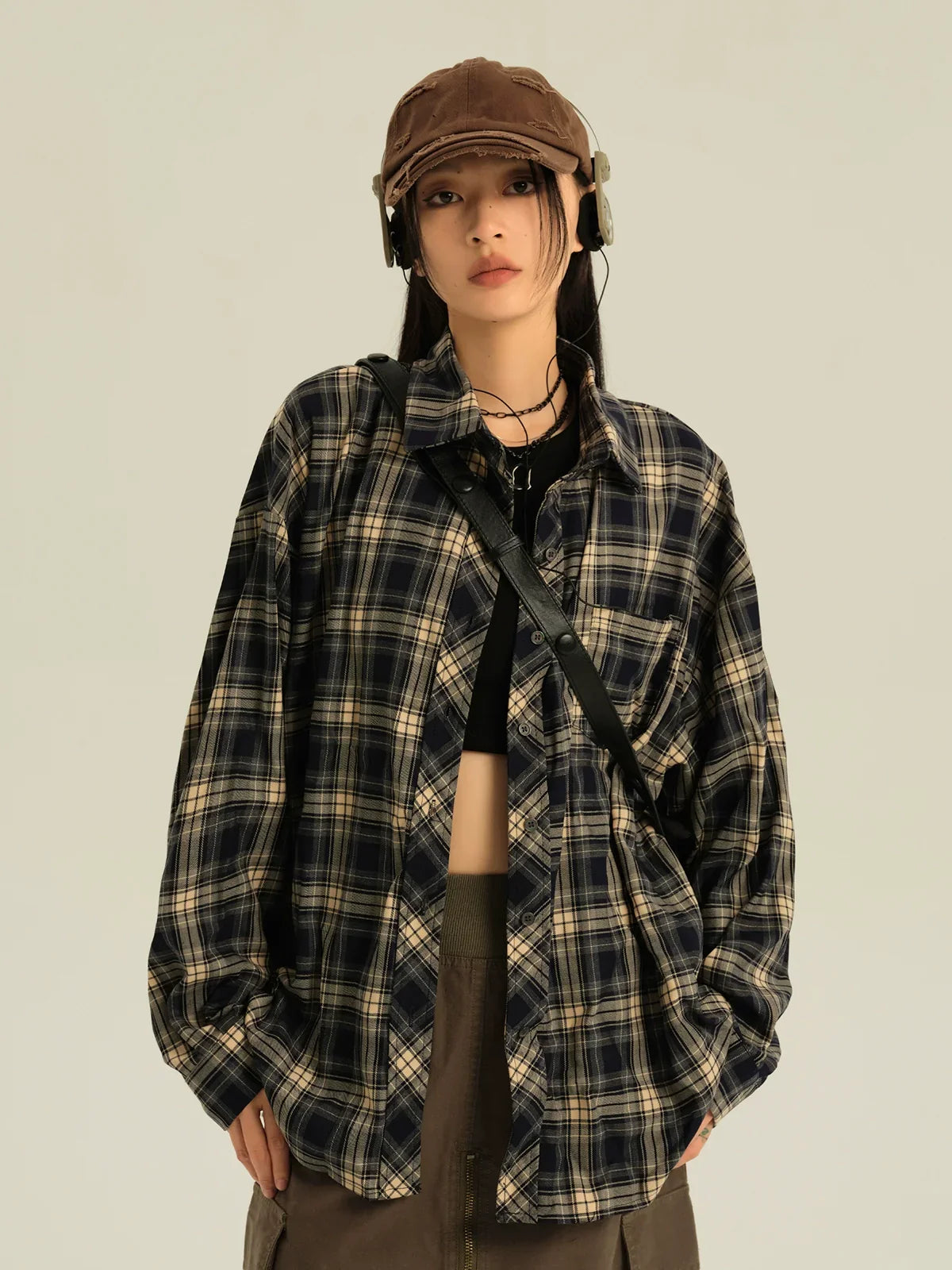 Oversized Navy Plaid Button Up Shirt