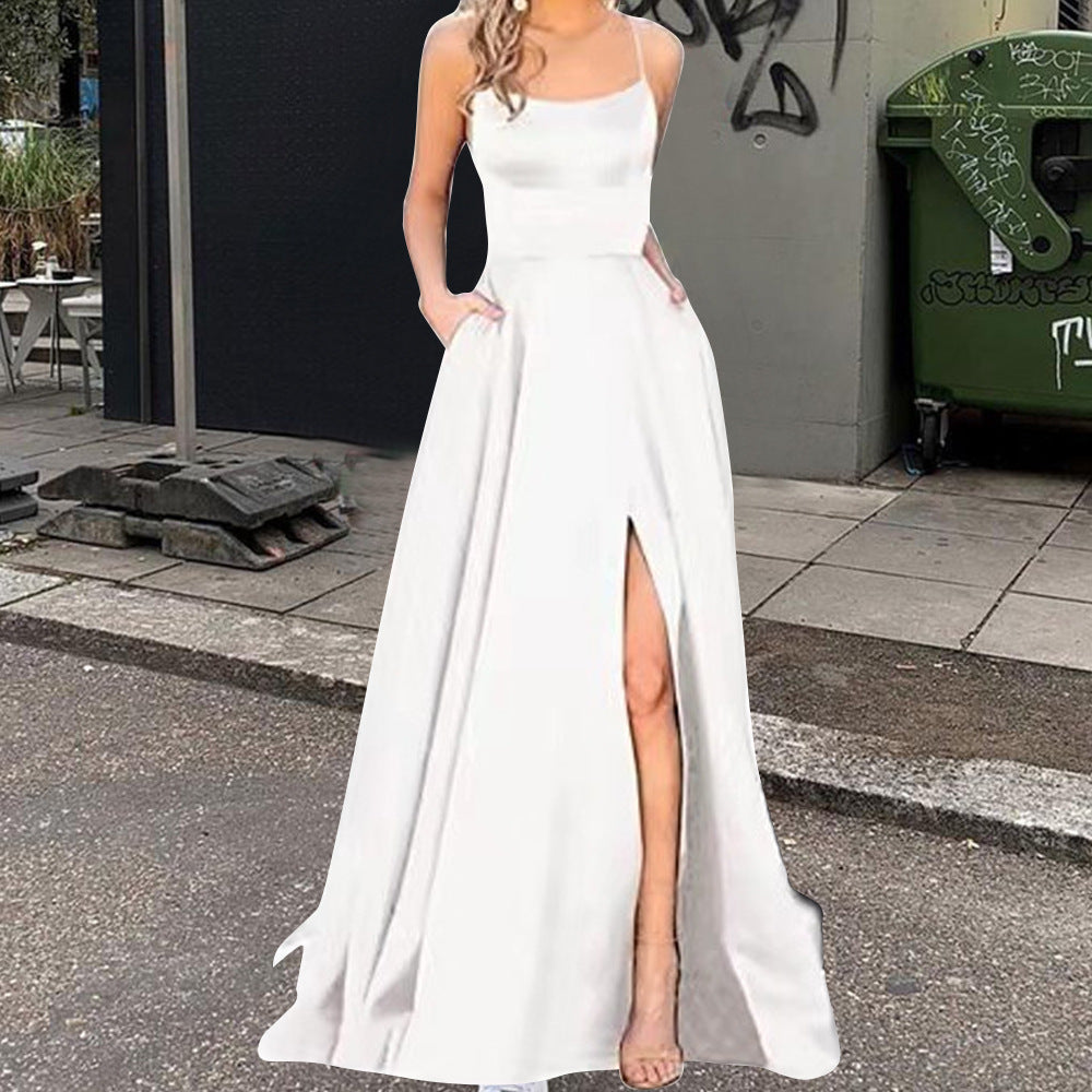 Spaghetti Strap Scoop Neck Satin High Slit A-Line Maxi Gown