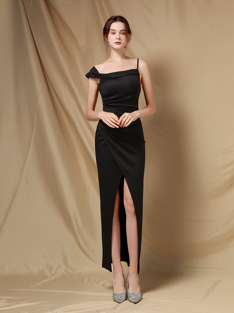 Line shoulder slim banquet evening dress