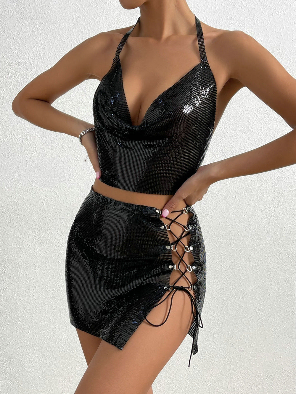 Must-have Sequin Lace-up Two Piece Set