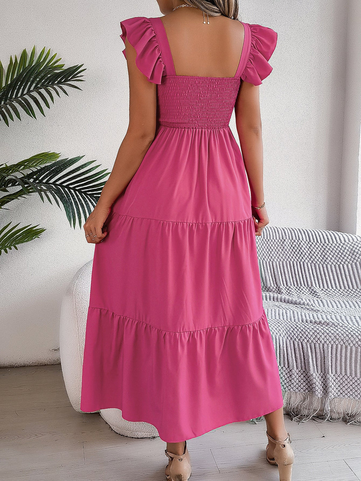 Rose Square Neck Ruffle Sleeve Smocked Tiered A-Line Maxi Dress