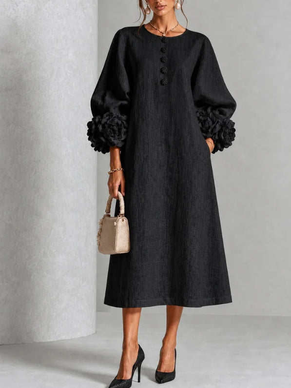 Round Neck Rosette Applique Puff Sleeve Button A-Line Midi Dress