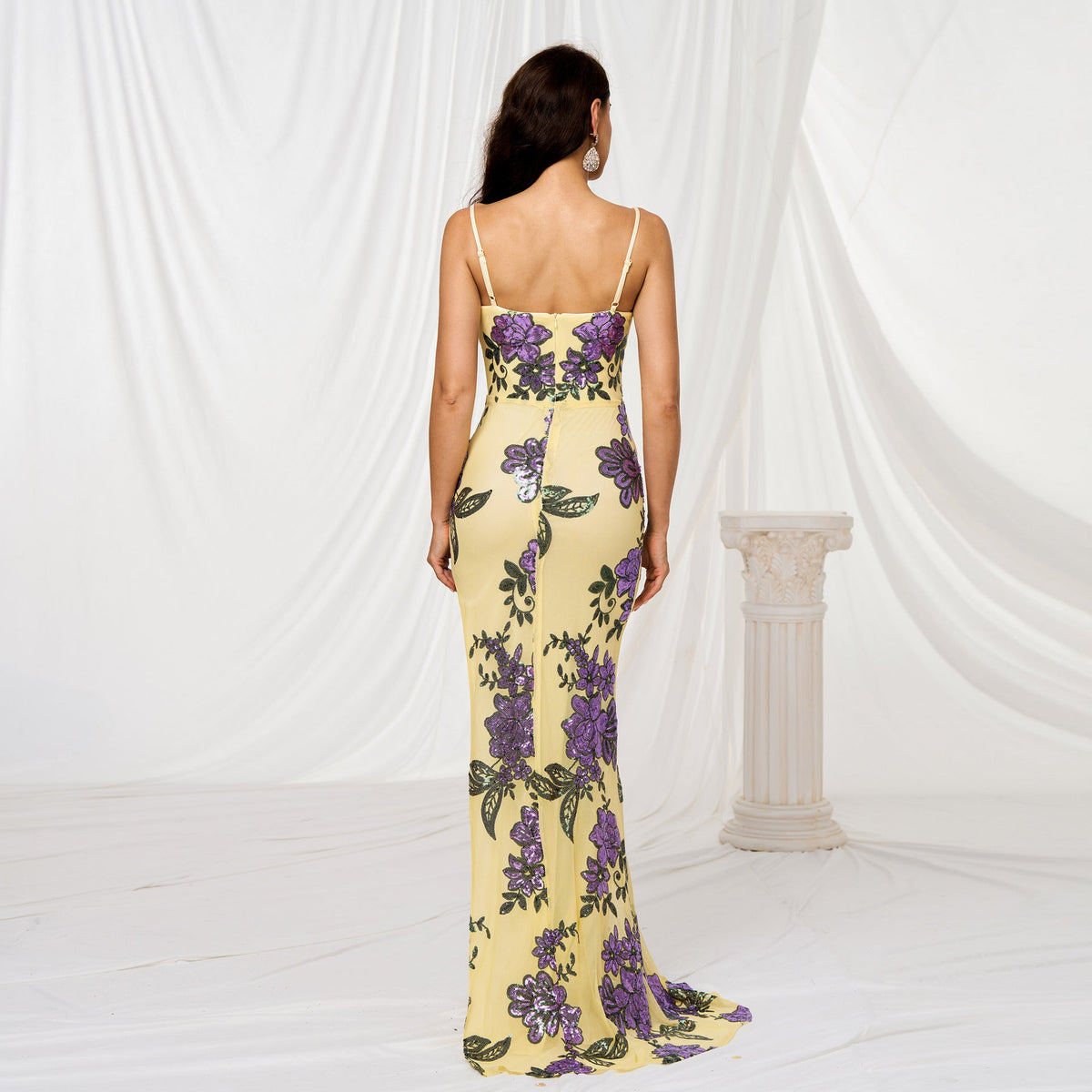 Yellow Spaghetti Strap Plunge Floral Sequin High Slit Mermaid Gown