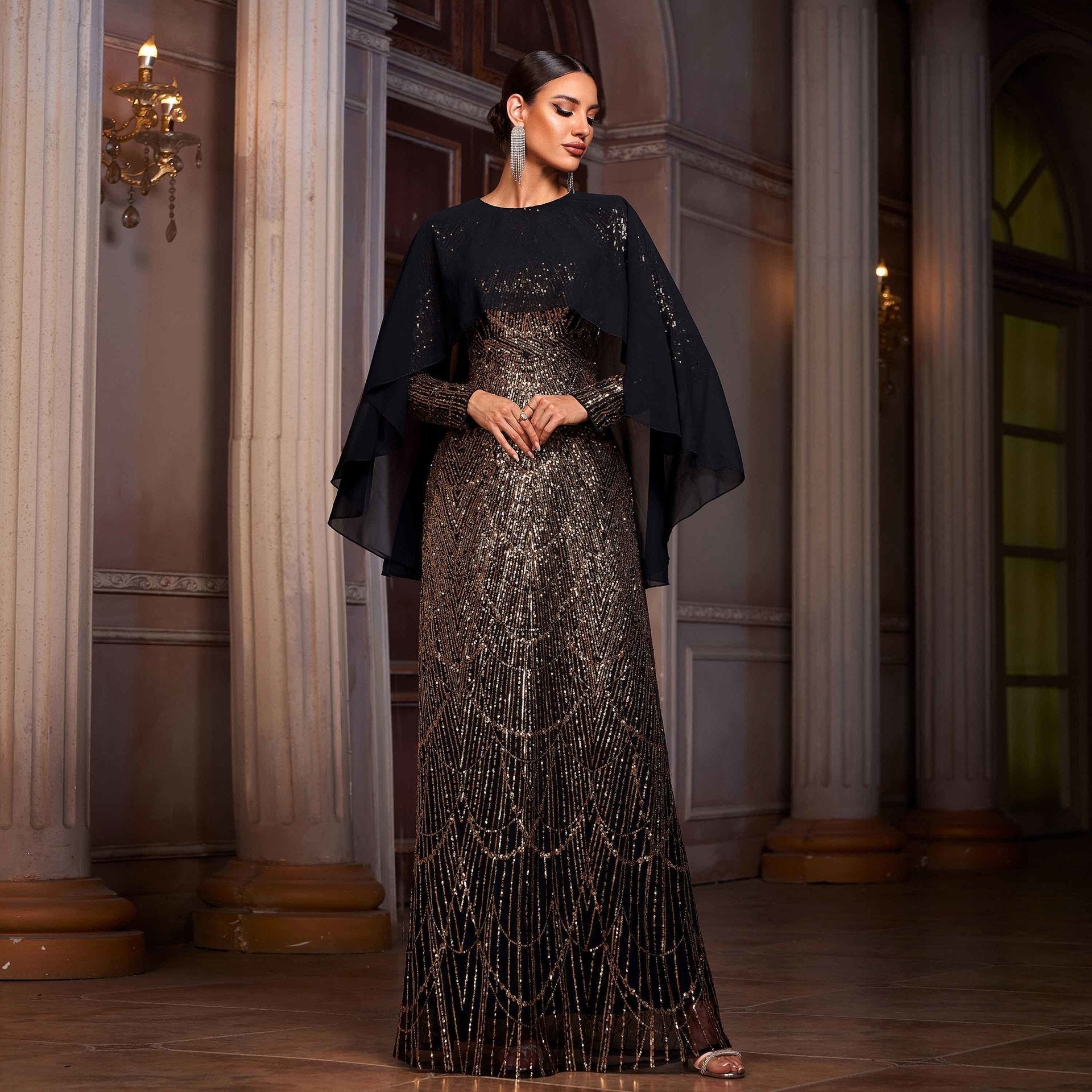 Long-sleeved round neck cape sequined evening dress
