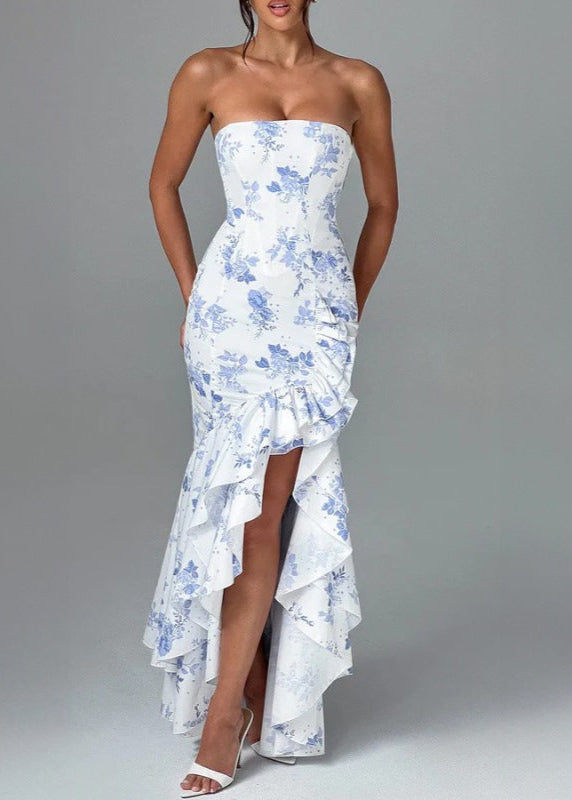 Floral Elegance Strapless Ruffled Maxi Dress