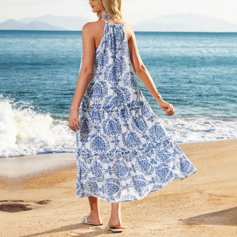 Halter Neck Floral Print Tiered Ruffle Boho Maxi Dress