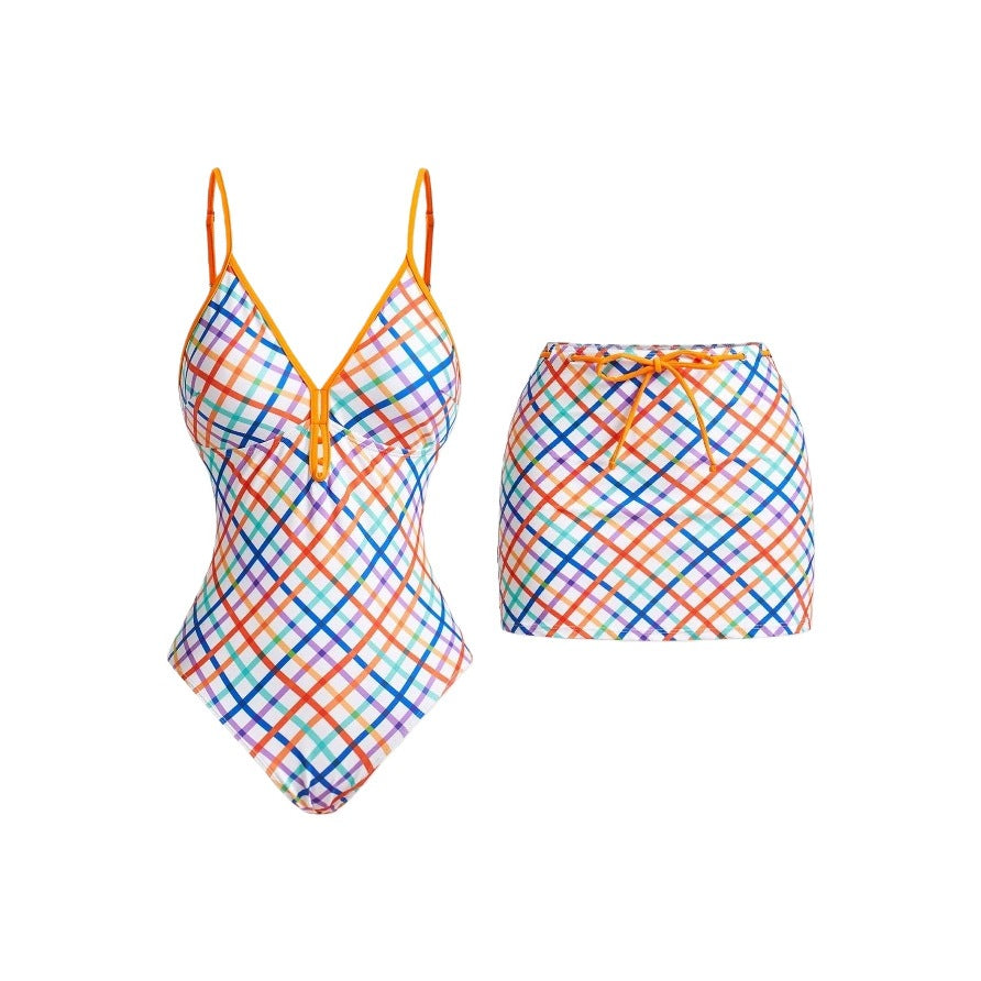 Bikini One Piece Ladies Conservative Swimsuit Plaid Printed Skirt Two Piece Sets