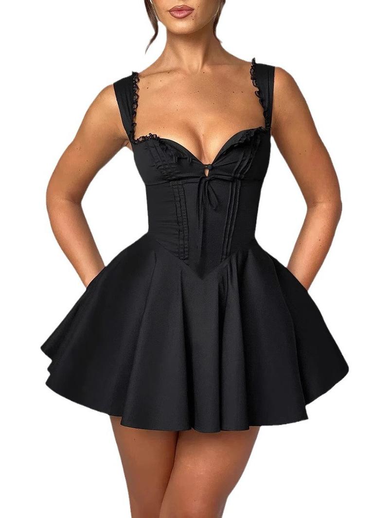 Sling Lace Halter Back Solid Color Dress