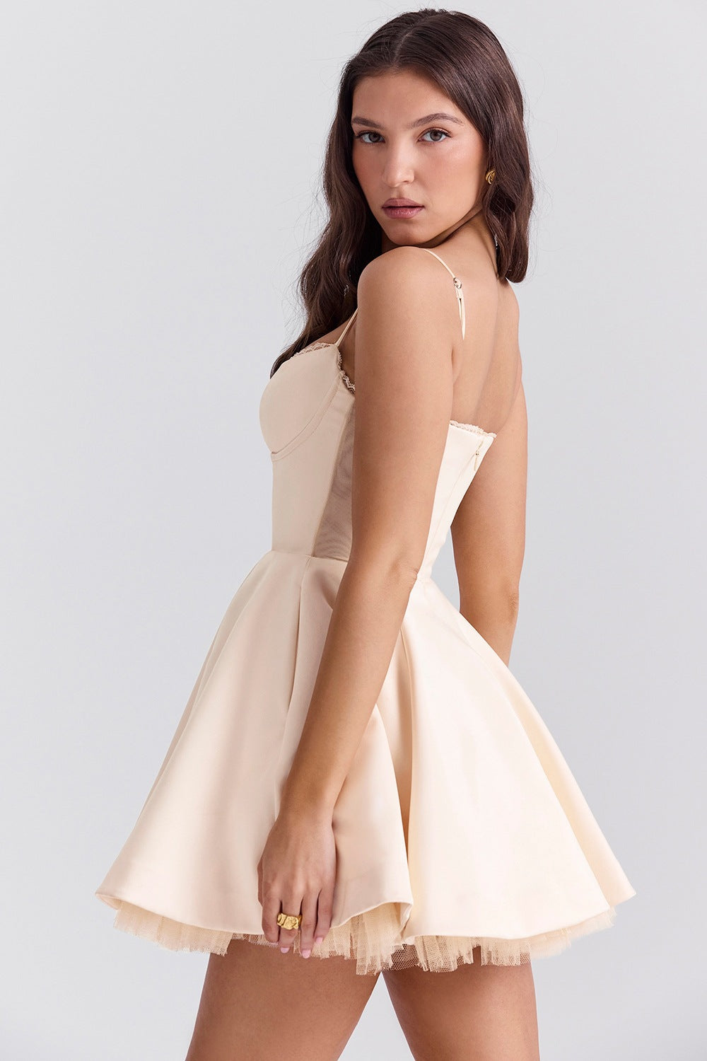 Sweetheart Lace Trim Tulle Overlay Satin Mini Dress 17