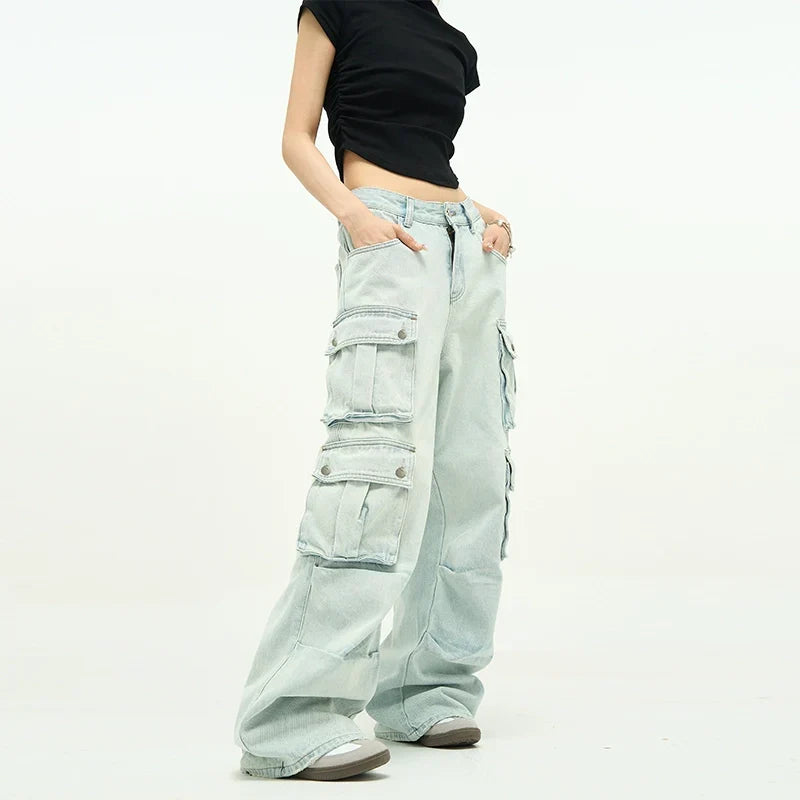 Light Wash Baggy Cargo Jeans with Multiple Flap Pockets