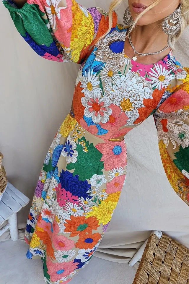 Addison Timeless Floral Dress with Puff Sleeves Elevated Occasion Wear