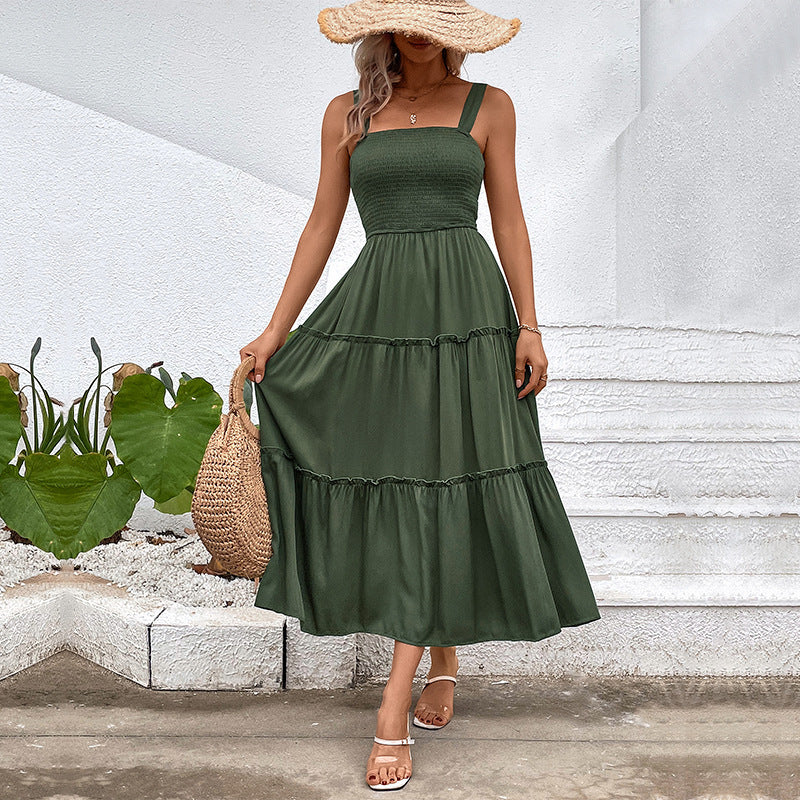 Square Neck Strap Smocked Shirred Tiered A-Line Midi Dress