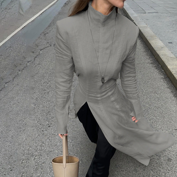 Women Clothing Design Split Spring Stand Collar Long Sleeve High Waist French Maxi Dress