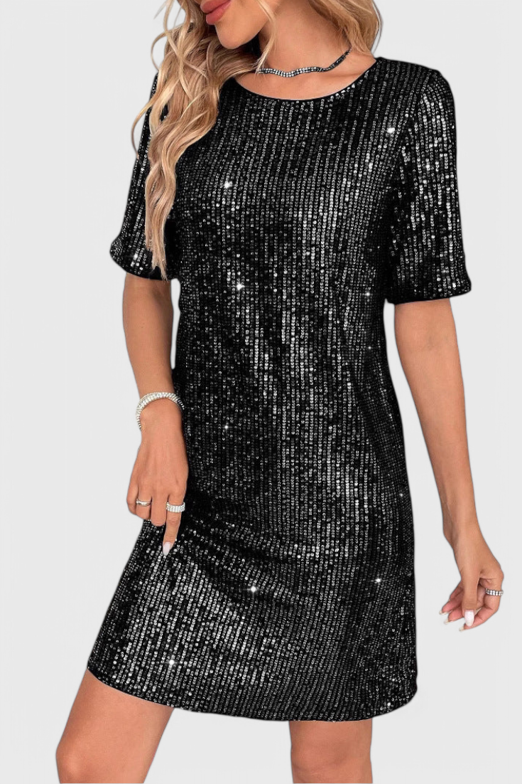 Round Neck Sequin Short Sleeve Shift Mini Dress