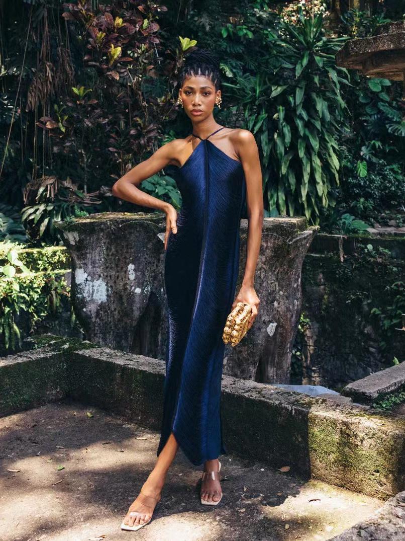 Tassel Back Slit Halter Neck Dress