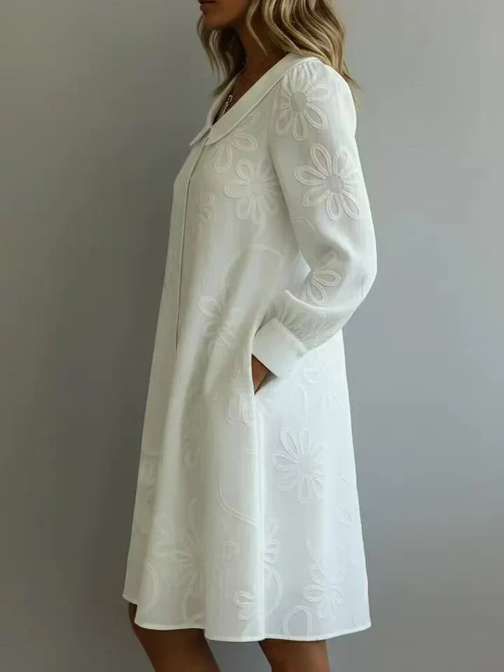 Peter Pan Collar Floral Jacquard Long Sleeve Shift Mini Dress