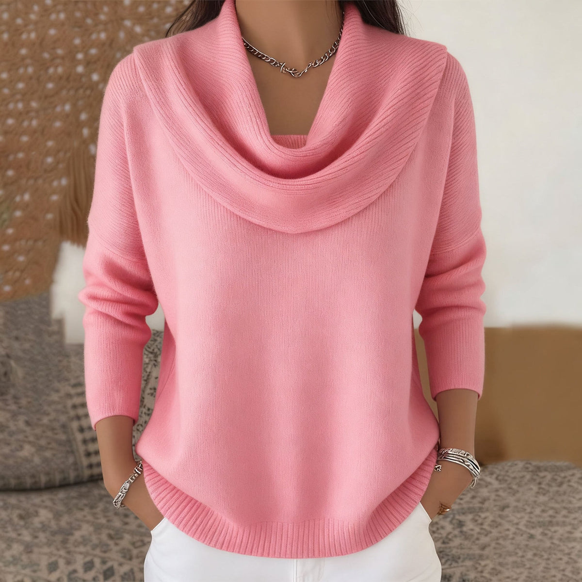 Cowl Neck Long Sleeve Ribbed Knit Sweater 2