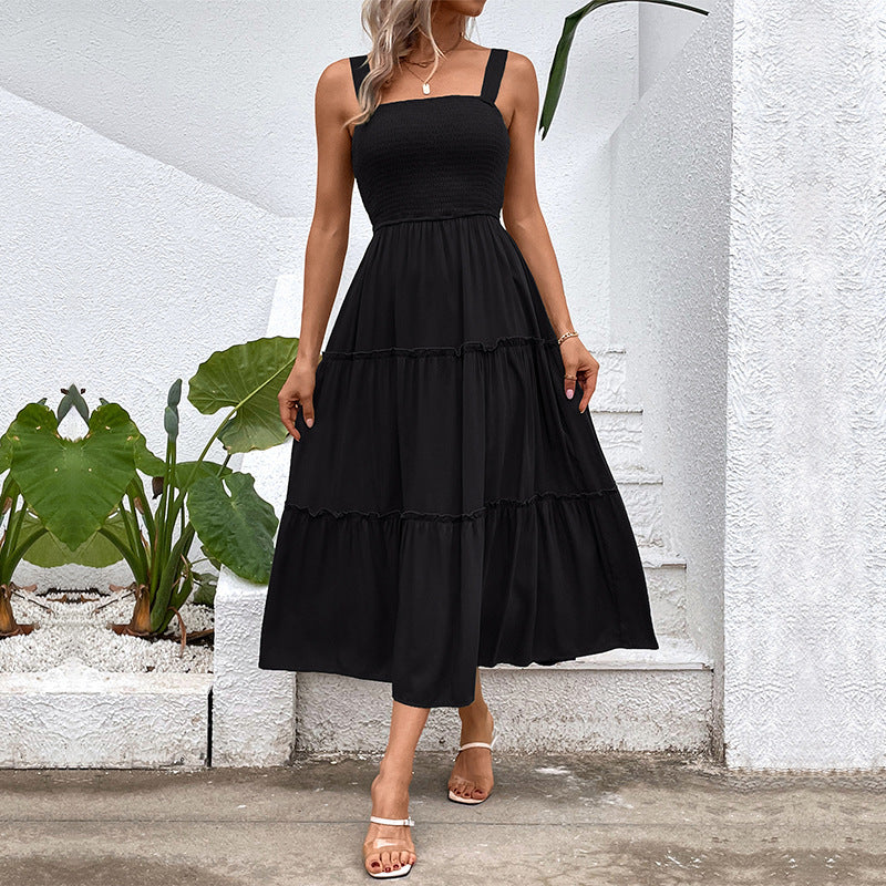 Square Neck Strap Smocked Shirred Tiered A-Line Midi Dress