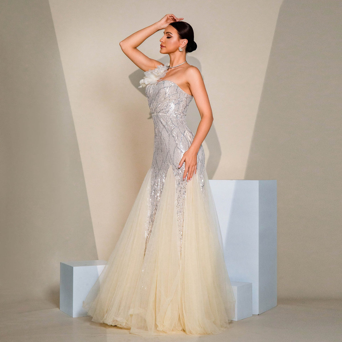 Beige One Shoulder Floral Applique Sequin Tulle A-Line Maxi Gown